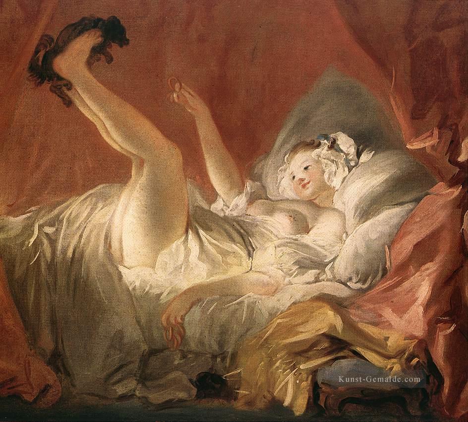Junge Frau mit einem Hund spielen Rokoko Hedonismus Erotik Jean Honore Fragonard Ölgemälde